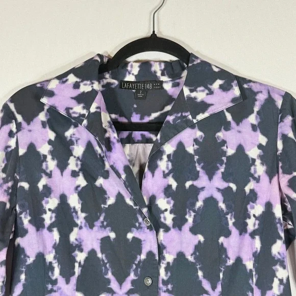 Lafayette 148 Womens 2 Purple Black Cotton Blend Button Down Shirt Top Career - Picture 2 of 7
